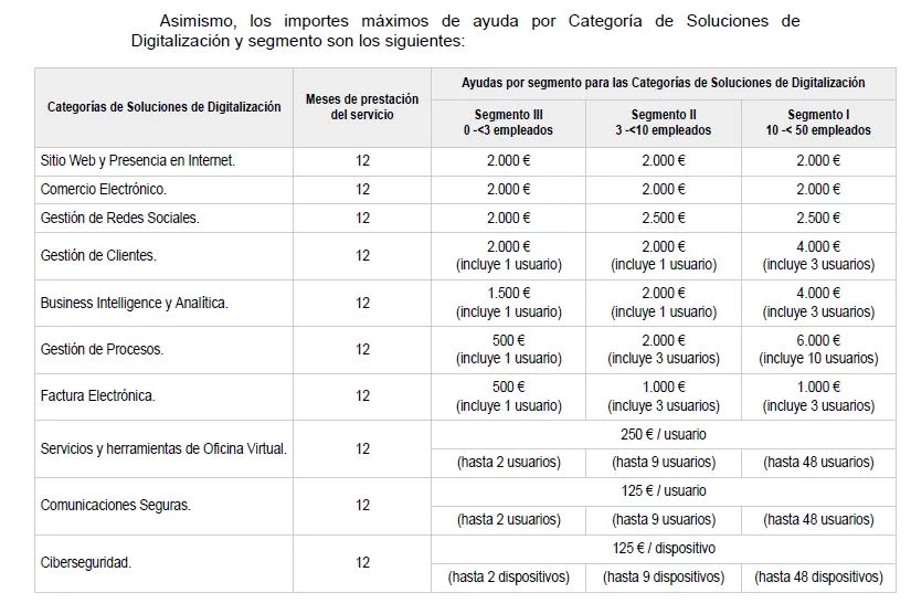 tabla resumen de importes máximo para el programa de ayudas